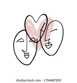 Love Valentines Day concept. Modern abstract line faces portrait, linear brush art. Inspirational fashion vector illustration.