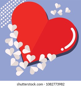 Love or Valentine's day concept. There are big red heart shape and many white hearts shape on light blue background. Flat design, cute background.