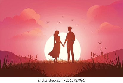  Love and Valentine's Day a couple holds hands in front of a glowing heart-shaped sun. The scene includes a bicycle, butterflies, birds, pink clouds, and a tree in the serene pink-orange landscape.