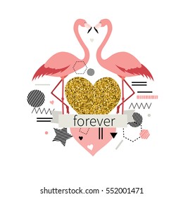 Love. Valentine's day. Cute  card with flamingos in scandinavian style.