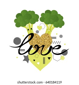 Love. Valentine's day. Cute card with  broccoli characters. Vector illustration.