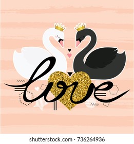 Love. Valentine's day. Cute  card with  black and white swans. Cute vector birds.