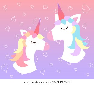 Love. Valentine's day. Cute greeting card with two unicorns in love. Boy and girl unicorn with closed eyes. Bright gradient background