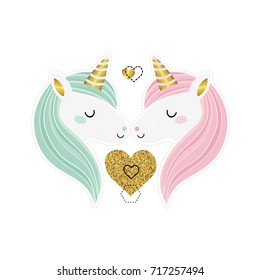 Love. Valentine's day. Cute greeting card with two unicorns and golden heart