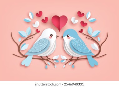 Love and Valentine's Day cute paper art birds perched on branches. They are surrounded by red and white heart shapes and leaves, with a romantic  a soft pink background.paper art cut style.