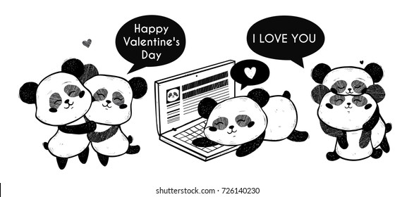 Love. Valentine's day. Cute vector set with pandas. Chinese panda bears. 