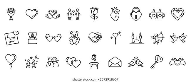 Love, Valentine's day, dating, romance and more, thin line icons set, vector illustration.