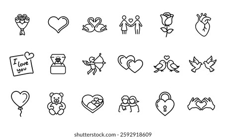Love, Valentine's day, dating, romance and more, thin line icons set, vector illustration.