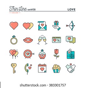 Love, Valentine's day, dating, romance and more, thin line color icons set, vector illustration