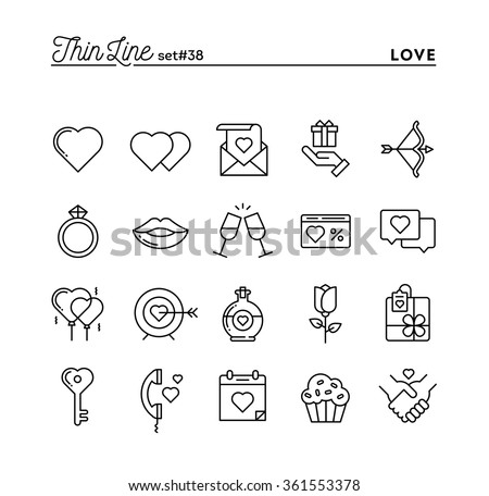 Love, Valentine's day, dating, romance and more, thin line icons set, vector illustration