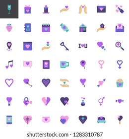 Love and Valentine's Day elements collection, flat icons set, Colorful symbols pack contains - Calendar page, I love you text, Romantic music, Heart gift box . Vector illustration. Flat style design