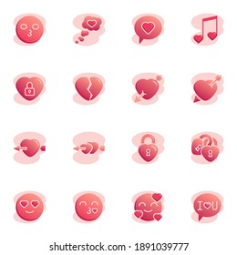 Love and Valentines day elements collection, flat icons set, Colorful symbols pack contains - heart with arrow, broken heart, kissing emoticon, romantic music. Vector illustration. Flat style design