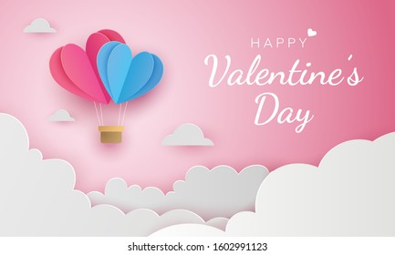 love and valentine's day. Float Heart in the air balloon flying over the Cloudy pink sky. paper cut art and digital craft style. for any love postcard, greeting card, wedding. 3d illustration Vector.