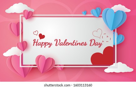 love and valentine's day. Float Heart in the air balloon flying over abstract cloudy pink sky. paper cut art and digital craft style. for any love postcard, greeting card. 3d illustration Vector.