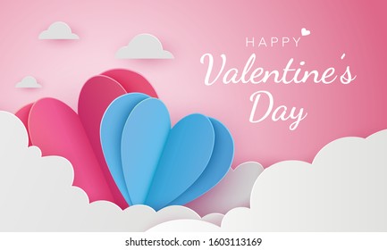 love and valentine's day. Float Heart in the air balloon flying over the Cloudy pink sky. paper cut art and digital craft style. for any love postcard, greeting card, wedding. 3d illustration Vector.