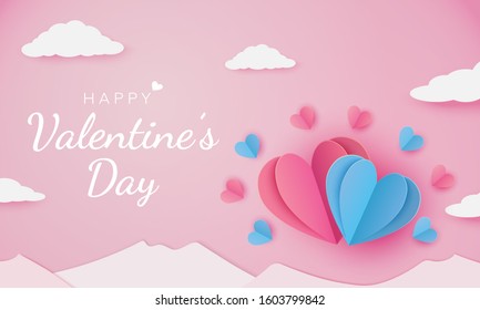 love and valentine's day. Float Heart in the air balloon flying over the blue sea in the pink sky. paper cut art and digital craft style. for any love postcard, greeting card. 3d illustration Vector.
