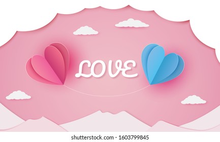 love and valentine's day. Float Heart in the air balloon flying over the blue sea in the pink sky. paper cut art and digital craft style. for any love postcard, greeting card. 3d illustration Vector.
