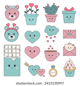 Love Valentines day icons clip art, collection, White day elements in cute pastel kawaii style, romantic badge pack. Letter, heart, plant, cupcake, chocolate, flower, cactus, bear, ring.