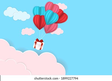 Love and Valentine's Day illustration with heart balloon, gift and clouds. Vector illustration