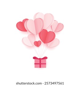 love and valentine's day illustration with heart balloons and gifts. Red, pink and white flying hearts isolated on white background.