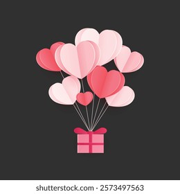 love and valentine's day illustration with heart balloons and gifts. Red, pink and white flying hearts isolated on white background.