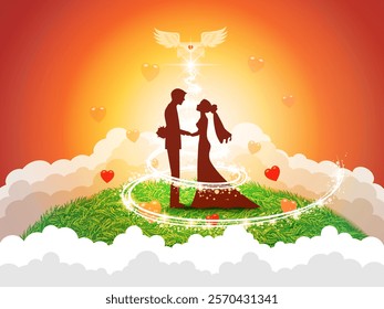 Love and Valentine's Day Illustration. Two lovers on a meadow under the sunset with a letter angel wings of love. 3D paper from digital craft.