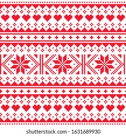 Love, Valentine's Day knitwear vector seamless pattern -  Fair Isle style traditional knit design with hearts. Scottish retro winter textile folk art background inspired by traditional patterns,