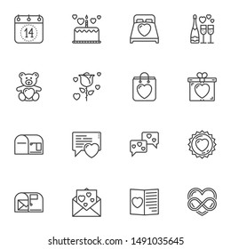 Love and Valentines day line icons set. linear style symbols collection, outline signs pack. vector graphics. Set includes icons as calendar page with 14 february date, gift box, love message, hearts