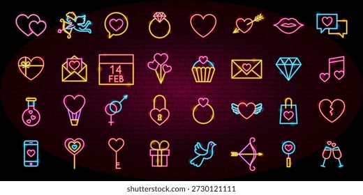 Amor Día de San Valentín Objetos de neón. Ilustración vectorial de los iconos brillantes del Festiva del romance de la lámpara llevada. Conjunto de símbolos grandes. Corazón, Boda, Pareja.