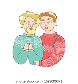 Love. Valentine's Day. Pair - family. Two men. Winter warm knitted sweaters. Cartoon people. Isolated vector objects on white background.