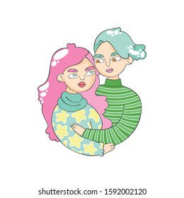 Love. Valentine's Day. Pair - family. Two women. Winter warm knitted sweaters. Cartoon people. Isolated vector objects on white background.