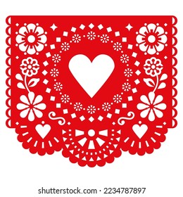 Love, Valentine's Day paper cutout decoration Papel Picado vector design in red with heart and flowers, Mexican party garland.
Wedding invitation or fiesta background inspired by handmade decorations