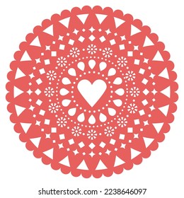 Liebe, Valentinstag Papier Ausschnitt rund mandala Dekoration Papel Picado Vektor rotes Design mit Herz und Blumen, mexikanische Party Garland.  Hochzeitseinladung oder fiesta Hintergrund 