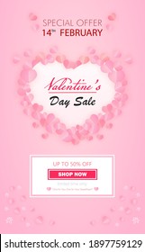 Love and Valentine's Day Postcard of paper cut. Pink and white with mini heart and ballon of heart pink color of vector.