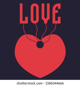 Love, Valentine's Day, red heart along with the word love on threads isolated vector illustration