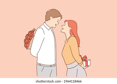 Love, valentines day and romantic dating concept. Young loving man and woman cartoon characters standing and preparing gifts for each other for holiday during date vector illustration 