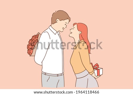 Love, valentines day and romantic dating concept. Young loving man and woman cartoon characters standing and preparing gifts for each other for holiday during date vector illustration 