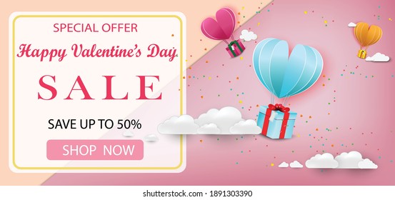 Love and Valentine's day sale with Paper art Origami made air balloon heart shape flying. shopping template or background for Valentine's day.gift boxes, advertising,Vector love and Sale concept.