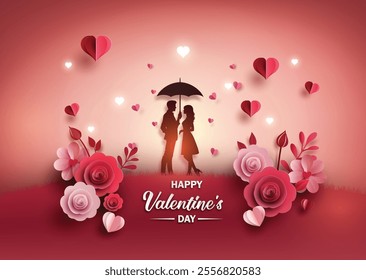 Love and  Valentine's Day scene with a couple under an umbrella, surrounded by paper-cut hearts and flowers in shades of red and pink, set against a soft gradient background.