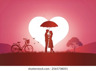  Love and Valentine's Day scene with a couple under an umbrella, front of a glowing heart-shaped sun. The scene includes a bicycle, and a tree in the serene pink-orange landscape.