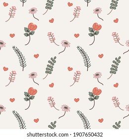 Love and Valentine's day seamless pattern with rose, flowers, leaf and soft color background 