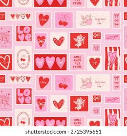 Liebe und Valentinstag nahtloses Muster mit romantischen Briefmarken. Handgezeichneter Amor, Herzen, Kirschen und Bögen. Nettes Design für Hochzeit, Geburtstag, Druck, Umhüllungspapier, Stoff, Tapete, Textil