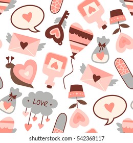 Love Valentine's day seamless pattern on white background. Cartoon style. Vector illustration. 