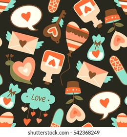 Love Valentine's day seamless pattern on black background. Cartoon style. Vector illustration. 