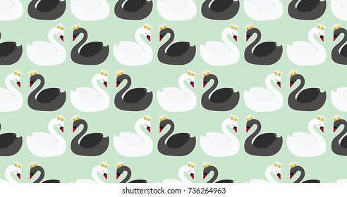 Love. Valentine's day. Seamless pattern with cute white and black swans. All elements are  hidden under mask. Pattern are not cropped and can be edited. Birds.