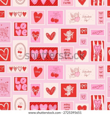 Love and Valentine's Day seamless pattern with romantic postage stamps. Hand drawn Cupid, hearts, cherries and bows. Cute design for wedding, birthday, print, wrapping paper, fabric, wallpaper, textile