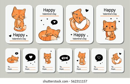 Love. Valentine's day. Set of  gift tags and greeting cards. Cute labels with Hand-drawn cats.