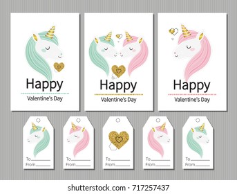 Love. Valentine's day. Set of  gift tags and greeting cards. Cute labels with  two unicorns and golden heart