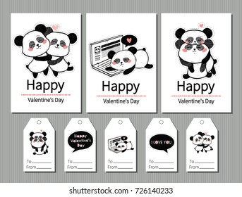 Love. Valentine's day. Set of  gift tags and greeting cards. Cute labels with  pandas. Chinese panda bears.