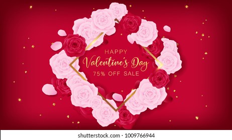 Love valentine's day square template included golden happy valentine's day text and border ,floral is arranged by pink rose and red rose along with golden heart glitter on the red background